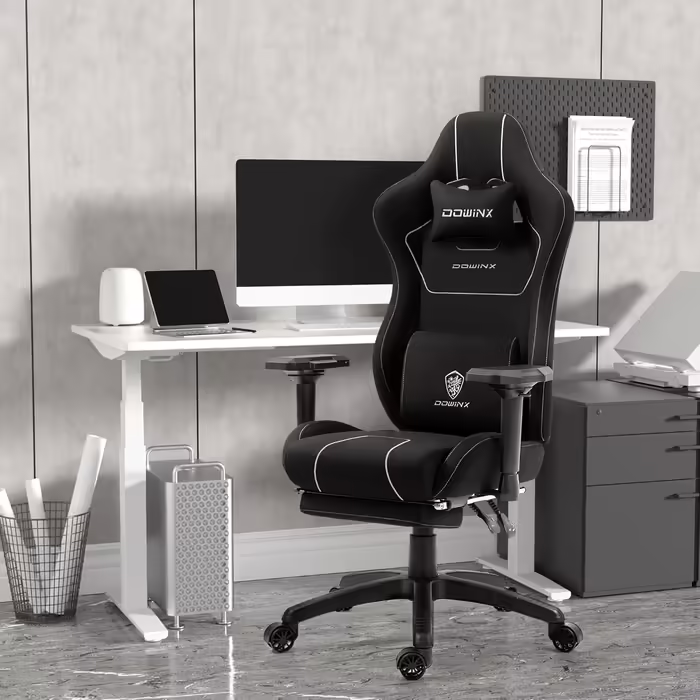 Dowinx Fabric Gaming Chair with Pocket Spring Cushion, Ergonomic Gaming Chair with Massage Function, Large and Tall PC Office Chair with Footrest, Blue