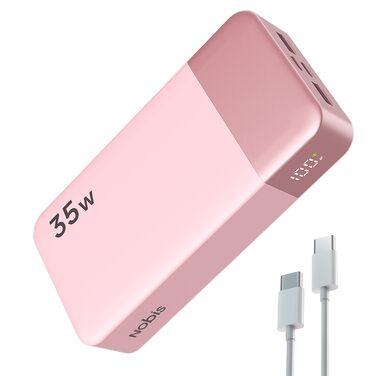 Power Bank NOBIS 20000mAh 35W з кабелем USB-C, рожевий | Портативний зарядний пристрій з цифровим дисплеєм