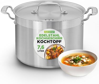NutriChef Каструля з нержавіючої сталі 8 л 18/8 – Великий суповий та жаровий горщик з кришкою, підходить для індукції, кераміки, галогенових плит, для супів та рагу, харчова сталь, можна мити в посудомийці