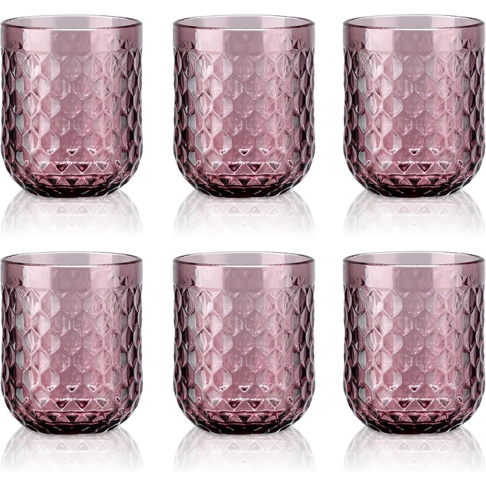Joeyan 200ml Small Violet Drinking Glasses Set of 6, Colored Water Glasses Set with Diamond Embossed Design, Vintage Glasses Set for Home Restaurant Bar, Dishwasher Safe