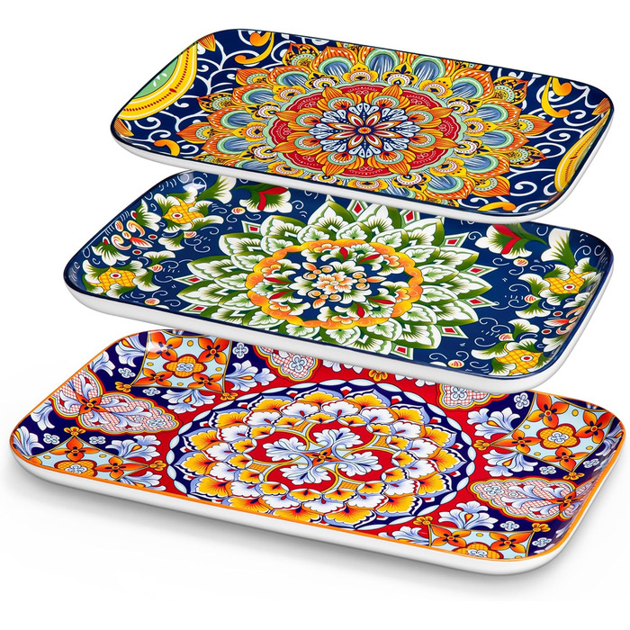 Vancasso Porcelain Serving Platter Set, SIMI Series Rectangular Plates Set, Bohemian Dinner Plates, Cake Plates, Dessert Plates, Breakfast Plates, 3 Sizes Serving Platters