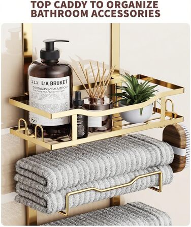 Настінний тримач для рушників у ванну кімнату, без свердління, 6-рівнева наддверна полиця для рушників, багаторівневий тримач для рушників на двері, для складених рушників (Золотий, 8 ярусів)