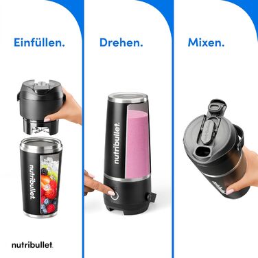 NutriBullet Flip Portable Blender, 20 oz Insulated Stainless Steel Cup, Keeps Cold for up to 24 Hours, Blends Ice and Frozen Ingredients, 2-in-1, Multifunctional Blender, USB-C Charger, Black, NBP016B Portable Insulated Black