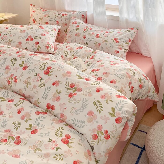 Блискуча постільна ковдра Bunt Blumen з бавовни 100x135 см, рожево-біле забарвлення, для дітей, з квітковим малюнком, комплект (ковдра + 1 подушка)