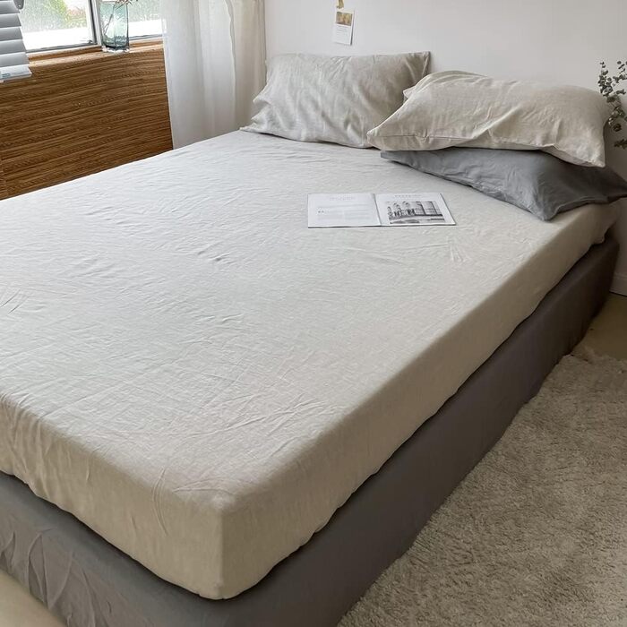 Simple & Opulence Fitted Sheet up to 35cm Side Height, 100% Pure Washed Linen, Temperature-Regulating and Breathable Fitted Sheet with Elastic, Certified Öko-Tex, 182x200cm, Natural Linen