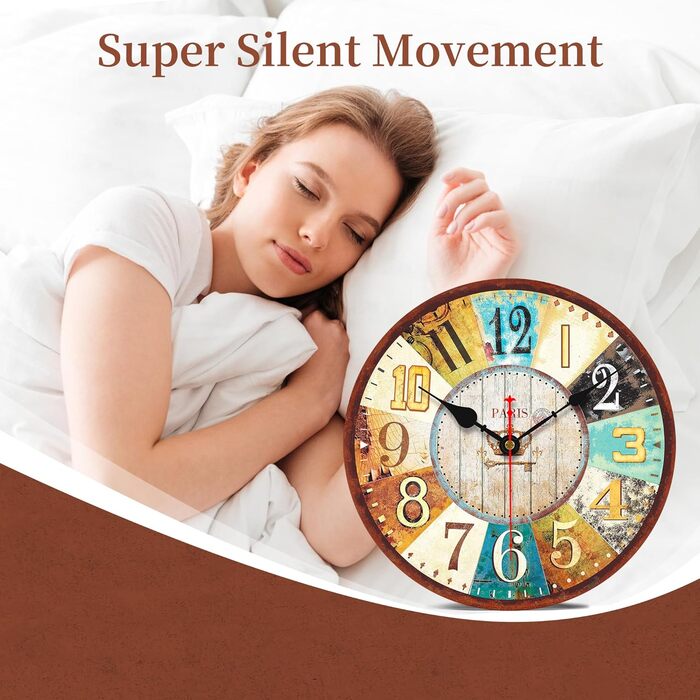 VIKMARI Quartz Wall Clock Wood Silent Hanging Clock, Battery-Powered Round Rustic Clock, Easy to Read Vintage Interior Wall Clock || 14' (France Parisian Style, 20 cm)