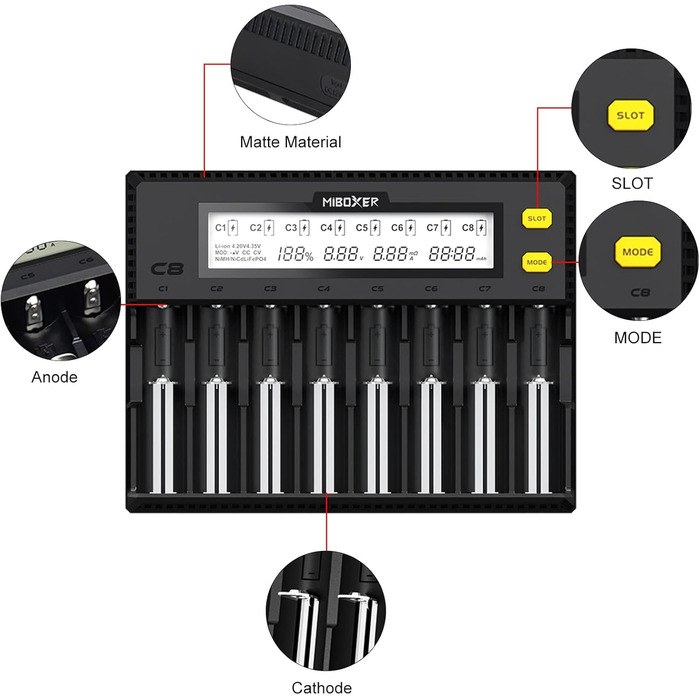 Зарядний пристрій для акумуляторів AUKSKY з LCD-дисплеєм (8 слотів) - універсальний заряд для NI-MH, NI-Cd, AA, AAA, 14500, 18350, 21700, 26650, Li-Ion, LiFePO4, RCR123A, 1.5A