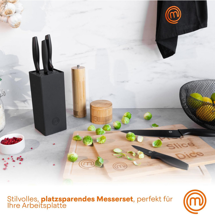 MasterChef 5-Piece Knife Block Set - Stainless Steel Chef's, Santoku, Bread, Utility & Vegetable Knives with Soft-Touch Grips