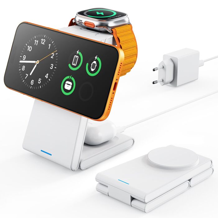 Складана зарядна станція GEEKERA 3-в-1 для iPhone 17/16/15/14/13/12, Apple Watch та AirPods, MagSafe сумісна, біла