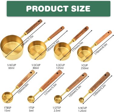 Набір мірних стаканів і ложок 8 шт, нержавіюча сталь золото з дерев'яною ручкою, метричні та американські одиниці, для приготування їжі, випічки та напоїв (60мл - 250мл)