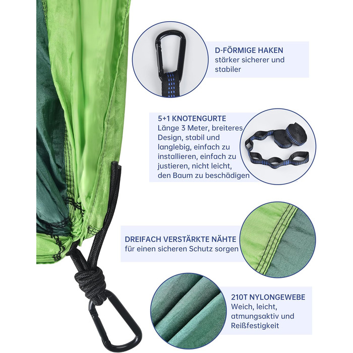 Гамак для кемпінгу Signstek, 270 x 140 см, вантажопідйомність 300 кг, ультралегкий нейлон, для відпочинку на природі, зелений