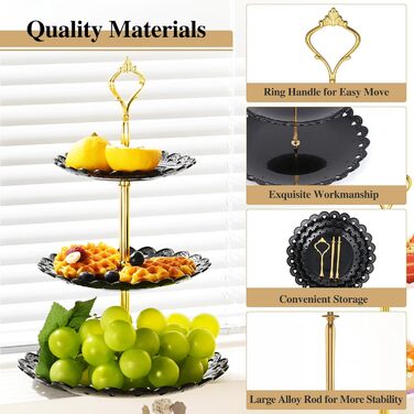 Трирівнева підставка для капкейків, десертів, фруктів, печива, цукерок. Підставка для сервірування на вечірку, весілля, день народження, дитячий свято (пластик, чорний та білий)