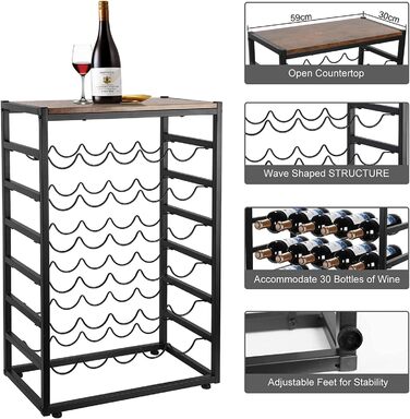 Dripex Wine Rack for 30 Bottles, Bottle Shelf with 6 Tiers, Vintage Metal Wine Stand for Cellar, Bar, and Storage Room, Bottle Holder with Tabletop 59 x 30 x 88 cm, Vintage Brown-Black