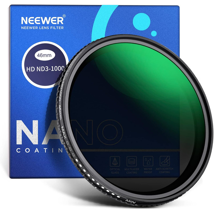 Фільтр ND3-ND1000 Neewer (46 мм) з регульованою щільністю, HD-скло, подвійне покриття, водонепроникний, для фото та відео