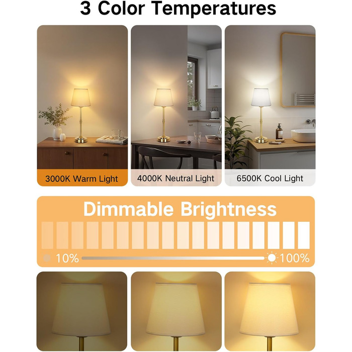 OUTON Настільна лампа 2 шт. Бездротова, диммер, 3 кольори світла, 4000mAh, USB-C, 60 годин роботи, акумуляторна, золота для спальні, вітальні, їдальні