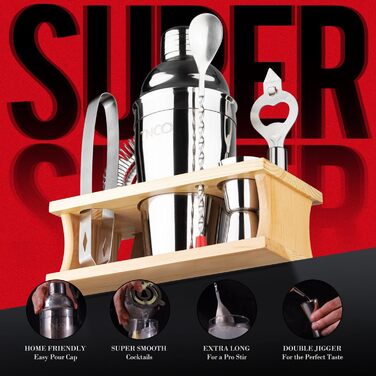 Набір бармена Mixology Barkeeper: шейкер для коктейлів, 8 предметів, з дерев'яною підставкою, аксесуари для приготування коктейлів (срібний)