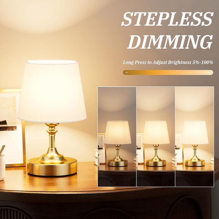 LED настільна лампа бездротова з торшером з льону, сенсорне керування, регулювання яскравості, USB-C, для спальні, вітальні, кухні, 40см, мідь