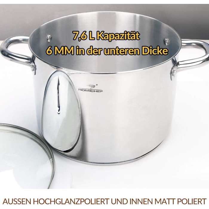 HOMICHEF Soup Pot 24.5 cm 9.5 Liter with Glass Lid - Nickel-Free Stainless Steel Pot 9.5 Liter with Handle - High-Gloss Polished Soup Pot 9.5 Liter - Healthy Induction Pot Cooking Pot with Lid Silver Glossy - Stainless Steel High-Gloss Polished (7.6 Liter - 24.5 cm wide, Silver Glossy - Stainless Steel High-Gloss Polished)