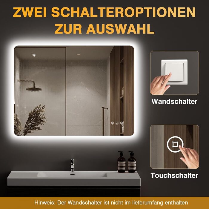 Дзеркало для ванної кімнати з підсвічуванням LED, 100x60 см, 3 кольори світла, регулювання яскравості, пам'ять, сенсорне управління, IP44, захист від вологи