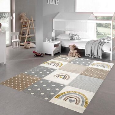 Dreamy Rug Children's Room Rug Play Rug Rainbow Dots Hearts Beige Gray Cream Size 200 x 290 cm 200 x 290 cm Beige Gray Cream