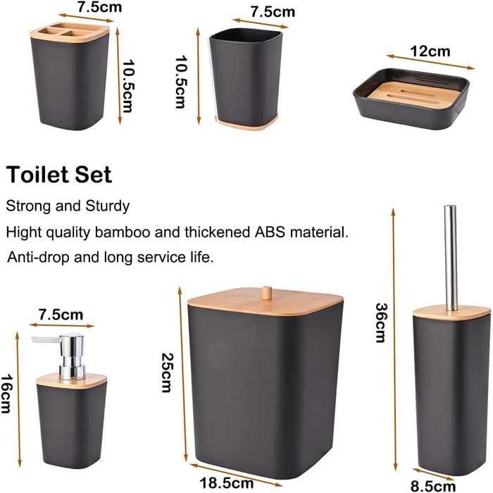 Yorkmills 6-Piece Bamboo Bathroom Accessory Set, Bathroom Accessory Set, Bathroom Trash Can and Toilet Brush Set, Modern Trash Can, Toothbrush Holder Cup, Soap Dish Holder