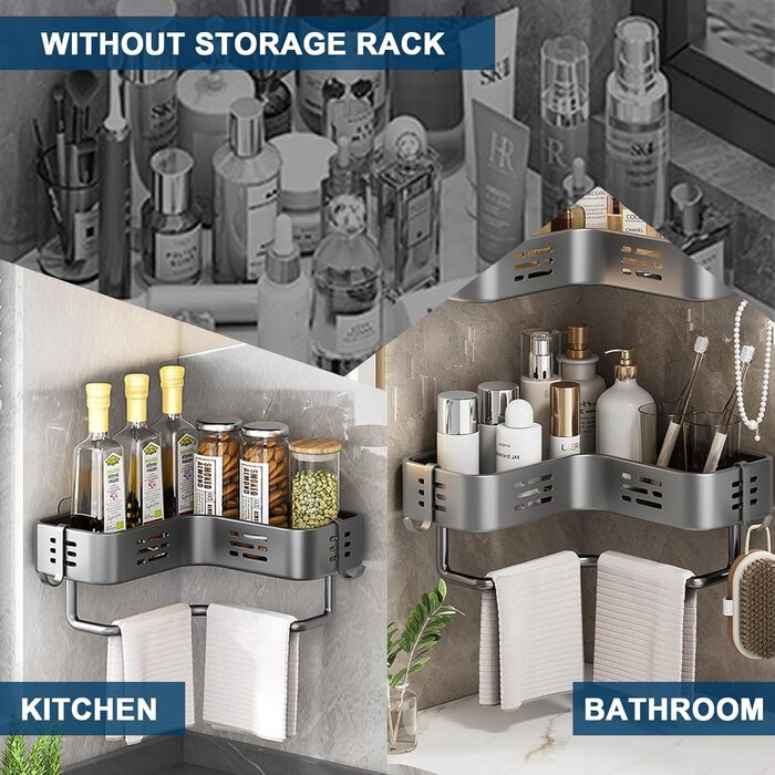 Поличка для душу без свердління, кутова, для ванної кімнати, органайзер, шафка для душу, тримач для шампуню, 2 гачки, темно-сірий