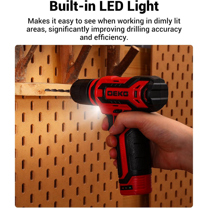 Акумуляторна дриль-шуруповерт DEKO 12V: набір інструментів 238 шт. з акумулятором для дому, ремонту та рукоділля (червоний)