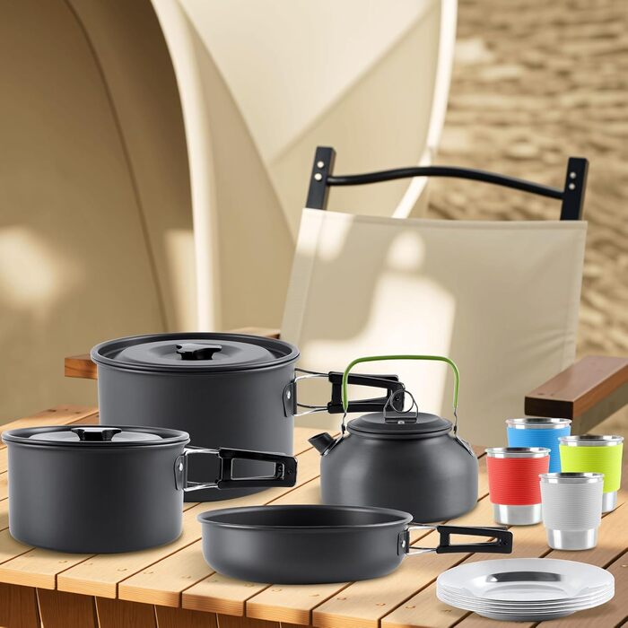 Набір кухонного посуду для кемпінгу на 4 особи з алюмінію: каструлі, сковорідки, посуд для відпочинку на природі