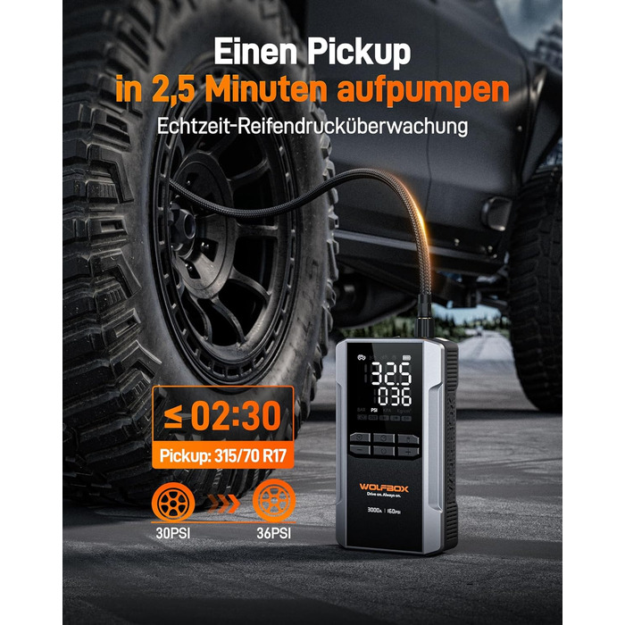 WOLFBOX 4000A Пускозарядний пристрій з компресором 160PSI, 12V, 65W, 88.8Wh, для бензинових/дизельних двигунів 10L, LED-ліхтар, кабелі, 4000A