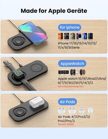 Бездротовий зарядний пристрій JoyGeek 2-в-1 для iPhone, Apple Watch та AirPods (Чорний)