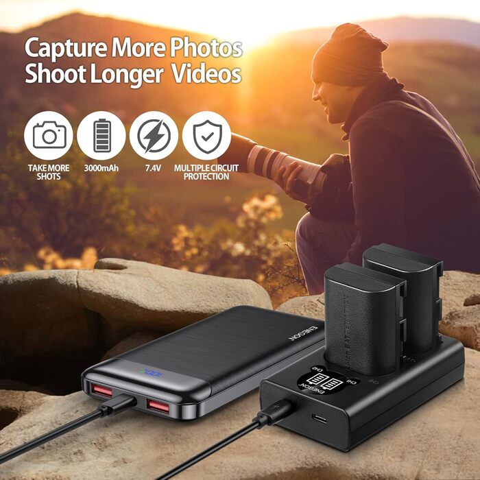 Зарядний пристрій ENEGON LP-E6NH 20W Dual з 2x акумуляторами 3000mAh для Canon EOS 5D, 6D, 7D, 60D, 70D, 80D, 90D, XC10, XC15, R, R5, R6, R7 - LCD дисплей