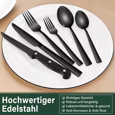 36-Piece Stainless Steel Cutlery Set with Steak Knives Black, Cutlery Set for 6 People, Elegant Dining Cutlery Set with Knife, Fork, and Spoon, Table Cutlery for Home/Party/Restaurant, Dishwasher Safe