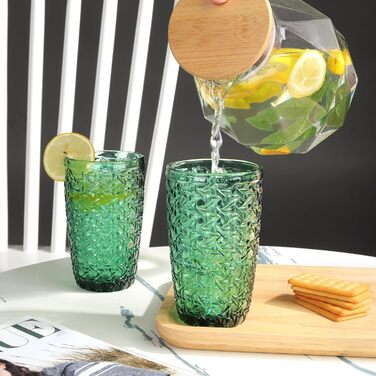 Joeyan 380ml Green Drinking Glasses with Embossed Design, Water Glasses Dishwasher Safe, Long Drink Glasses Set of 4