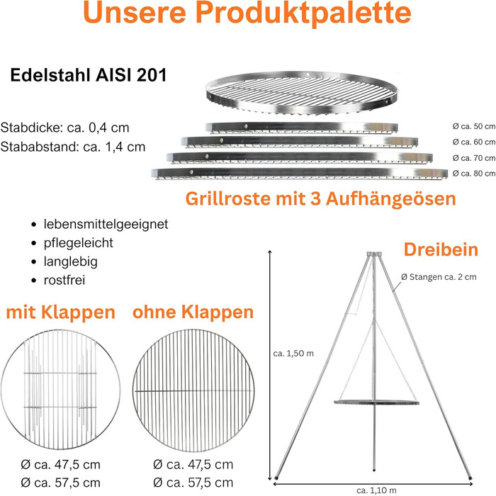 Німецький гриль-рошток з нержавіючої сталі AISI 201, діаметр 60 см. Круглий рошток для гриля, мангалу та вогнища. Харчовий, стійкий до корозії, гладка поверхня, легко миється.