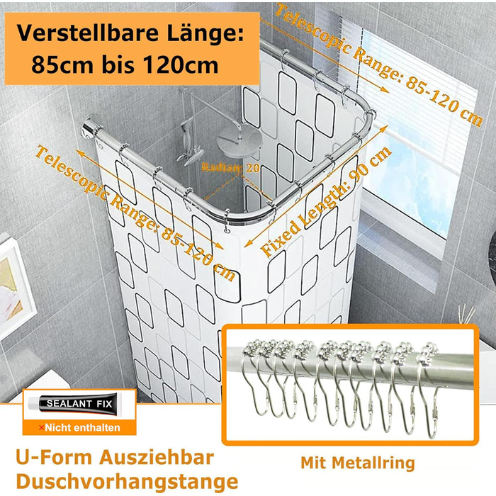 Штанга для душу U-подібна, 85-120 см, не потребує свердління, з нержавіючої сталі 304, для ванної/душу