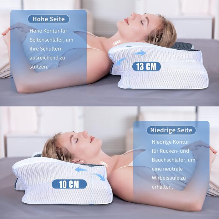 Ортопедична подушка для сну SAHEYER, ергономічна memory foam для бокового сну, підтримка шиї, 60x35,5x10/13 см, з чохлом