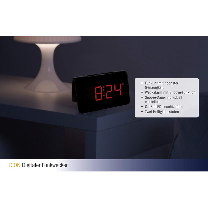 TFA Dostmann ICON Digital Radio Alarm Clock, 60.2543.05, Alarm with individual snooze duration, 2 brightness levels, very bright red LED digits, radio clock, black