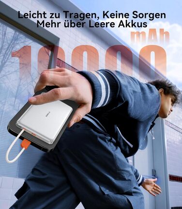 Портативний зарядний пристрій TORRAS 10000mAh з кабелем USB-C, 22.5W PD3.0, білий. Сумісний з iPhone, Samsung, AirPods.