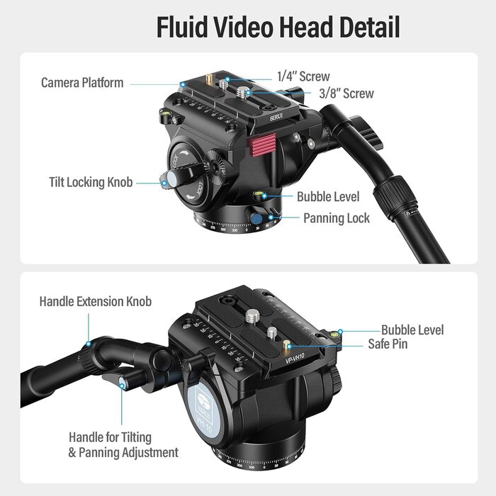 SIRUI Монопод з вуглецевого волокна з швидкою системою | 165 см, професійний, 3-в-1, вантажопідйомність 10 кг, для DSLR та відео (SVM-165+VH-10)
