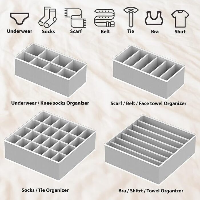 Styleys Set of 4 Foldable Storage Boxes, Drawer Dividers, Odorless Interior Lining, Storage Boxes, Closet Organizer, Under-Bed Organizer for Clothes, Shoes, Underwear, Bras (Gray - S1014)