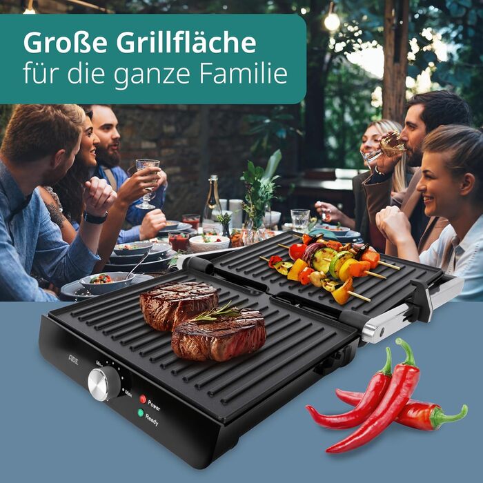 ADE Contact Grill 2.000 Watt | Non-stick coated sandwich maker 3 in 1 | Panini toaster & table grill electric 180° foldable | for sandwiches, toast, steaks, vegetables, panini | Stainless steel silver