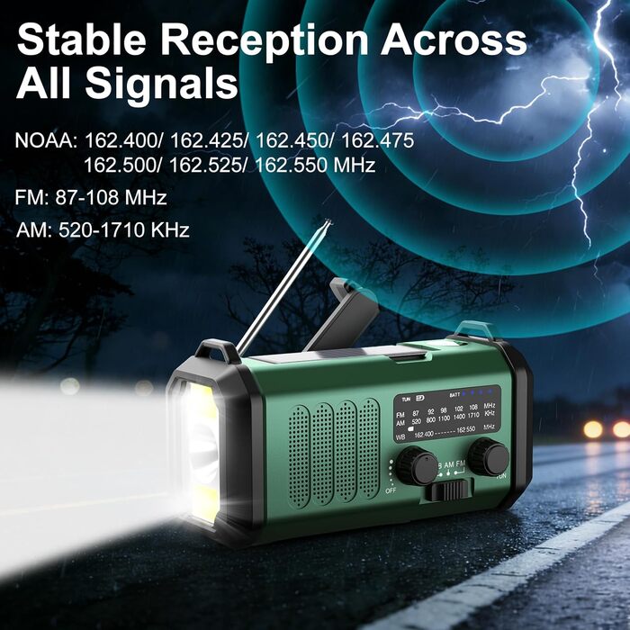 Leaton Радіостанція аварійна з ручним генератором, NOAA, AM/FM, 10000 mAh | Сонячна Power Bank, USB-C, ліхтарик, SOS-сигнал, для кемпінгу, виживання, військових, зелений