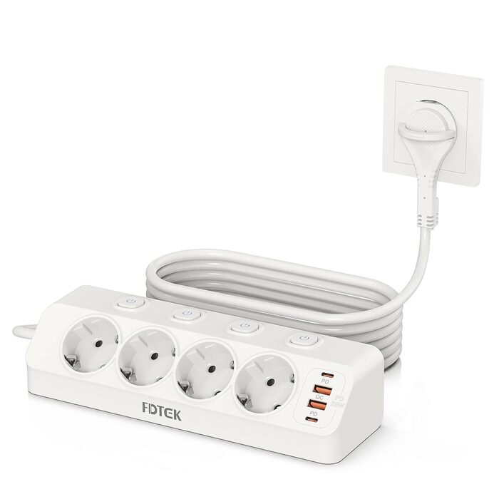 Мережевий адаптер PD 20W з плоским штеплером, розетка FDTEK на 4 слоти з індивідуальним вимикачем, 4000W, 16A, USB-C, розетка для столу з вимикачем, настільна розетка з кабелем 2м (білий)