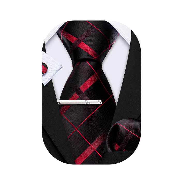 Краватка та нагрудна хустинка Hi-Tie для весілля, класичний стиль, квітковий принт, чорно-червоний каре, для чоловіків