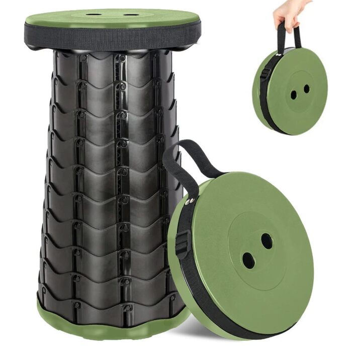 Стілець-телескоп складний Fishtec, регульована висота 6-44,5 см, ABS-пластик, вантажопідйомність 130 кг, портативний 1,28 кг, Ø25,5 см, з плечовим ременем, для кемпінгу, риболовлі, пікніка, чорно-зелений