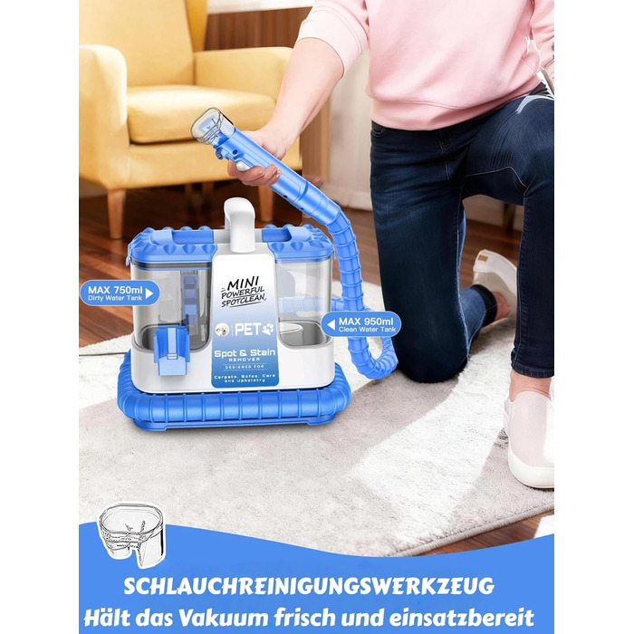 Портативний мийник для м'яких меблів, 600W, 16Kpa, 500мл розчин, 5 насадок. Для диванів, килимів, авто, сходи. Легкий, компактний, блакитний.