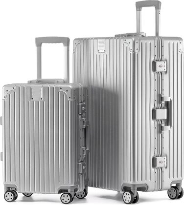 KOFA Zurich: Набір валіз 2 шт. (M-55см, XL-75см), алюмінієвий каркас, полікарбонатний корпус, ручна/здійснювана, спіннер з 4 колесами, TSA-замок, 35л + 94л (срібний)