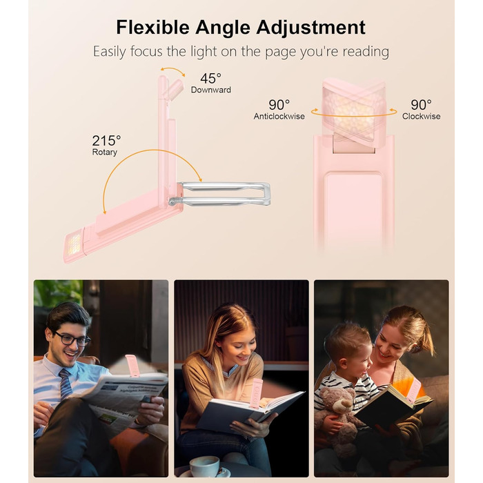 LED-лампа для читання Gritin з USB-зарядкою, кріпленням на книгу, регулюванням яскравості та кольору, для книголюбів (білий/рожевий)