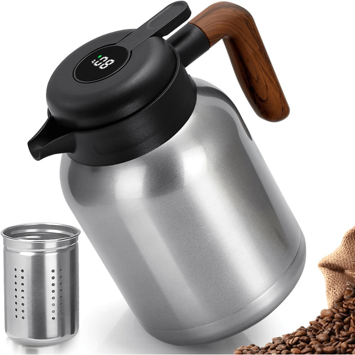 VETIN Thermos Flask with Tea Infuser 1.5L, Double-Walled 304 Stainless Steel Insulated Carafe, Tea Pot Thermo with Temperature Indicator, Coffee Pot Thermo 10h Heat/16h Cold