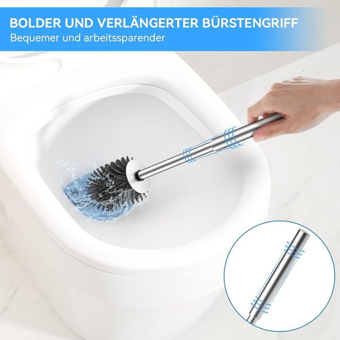 Силіконова щітка для унітазу Klobürste – гігієнічна щітка з нержавіючої сталі 304 з змінним насадком, для дому, готелю, ванної кімнати (розміру Gebürstetes Silber)